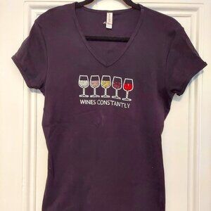 Chris's Stuff "Wines Constantly" Black V Neck Short Sleeve Embellished Tee XL